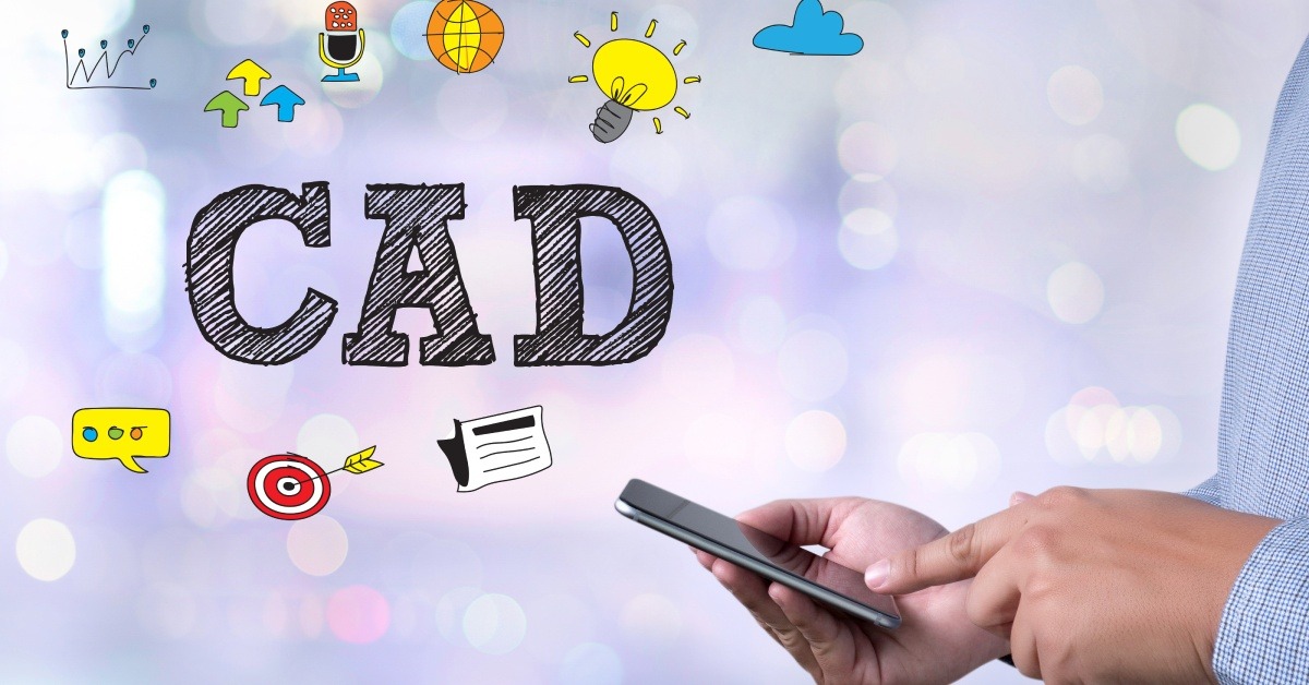 A person using their phone. There is a graphic that says "CAD" above the phone with smaller images sprinkled around it.