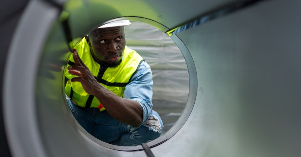 A man in a vest and hardhat looking at the inside of metal tubing. He has a couple of fingers pressed up against the metal.