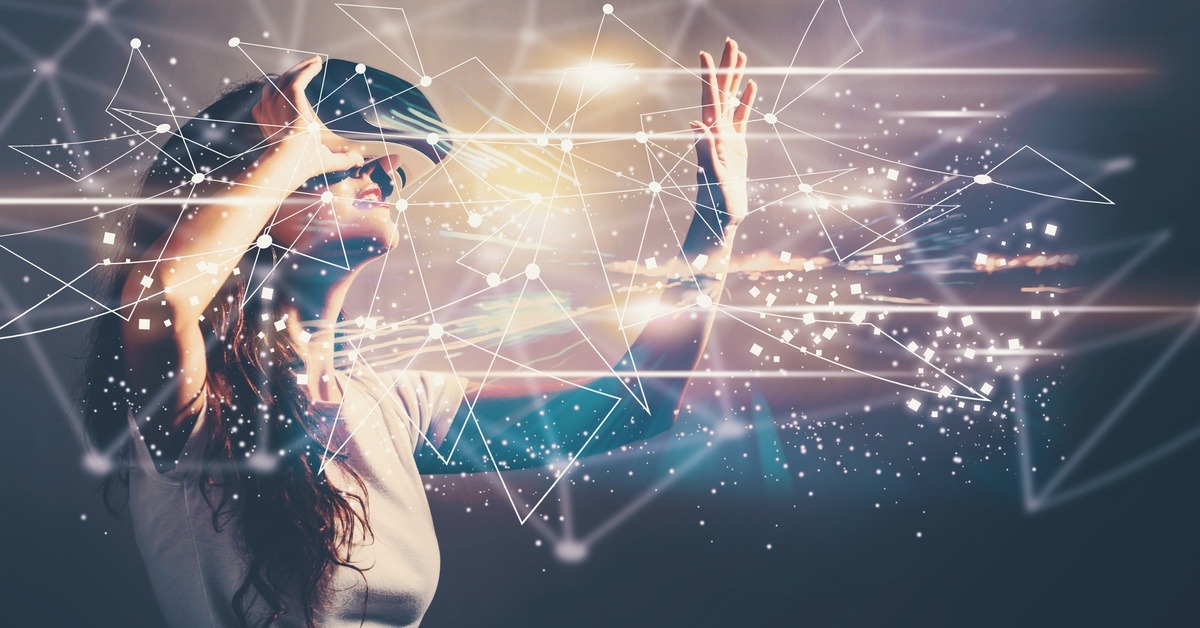 A woman wearing a VR headset looking up with a hand in the air. There is a large collection of line segments surrounding her.
